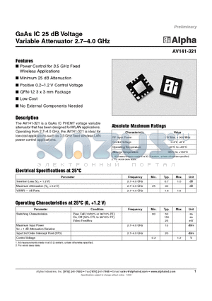 AV141-321 datasheet - GaAs IC 25 dB Voltage Variable Attenuator 2.7-4.0 GHz