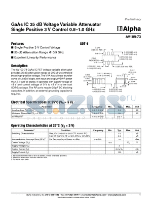 AV109-73 datasheet - GaAs IC 35 dB Voltage Variable Attenuator Single Positive 3 V Control 0.8-1.0 GHz