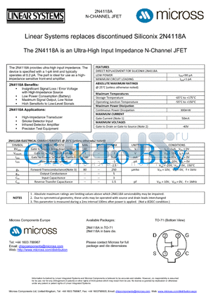 2N4118A_TO-71 datasheet - an Ultra-High Input Impedance N-Channel JFET