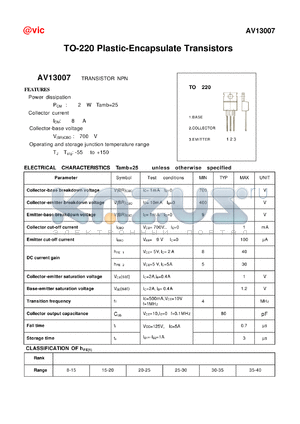 AV13007 datasheet - TO-220 Plastic-Encapsulate Transistors