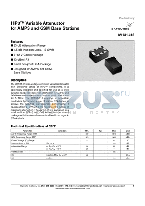 AV131-315 datasheet - HIP3 Variable Attenuator for AMPS and GSM Base Stations