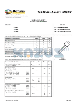 2N4092 datasheet - N-CHANNEL J-FET