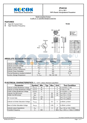 2N4124 datasheet - NPN Plastic Encapsulated Transistor