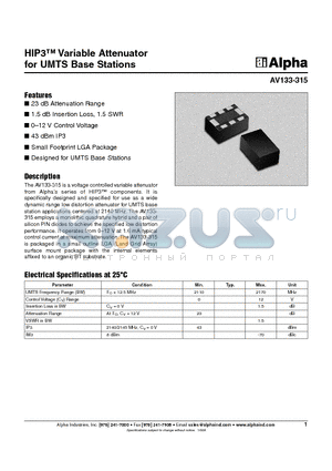 AV133-315 datasheet - HIP3 Variable Attenuator for UMTS Base Stations