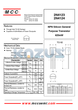 2N4124 datasheet - NPN Silicon General Purpose Transistor 625mW