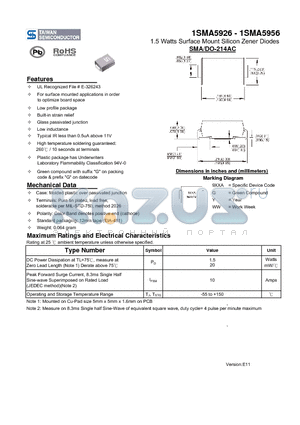 1SMA5929 datasheet - 1.5 Watts Surface Mount Silicon Zener Diodes