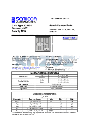 2N4150 datasheet - Chip Type 2C5154 Geometry 9201 Polarity NPN