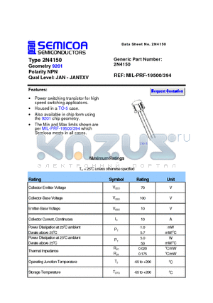 2N4150 datasheet - Type 2N4150 Geometry 9201 Polarity NPN