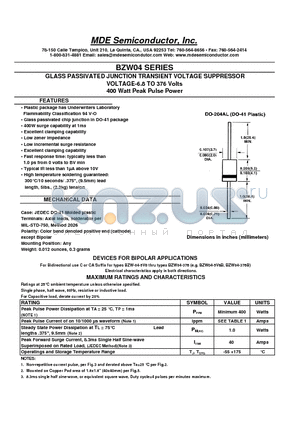 BZW04-40 datasheet - GLASS PASSIVATED JUNCTION TRANSIENT VOLTAGE SUPPRESSOR