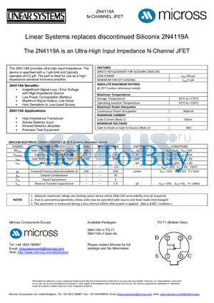 2N4119A_TO-71 datasheet - an Ultra-High Input Impedance N-Channel JFET