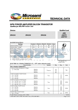 2N4234 datasheet - NPN POWER AMPLIFIER SILICON TRANSISTOR