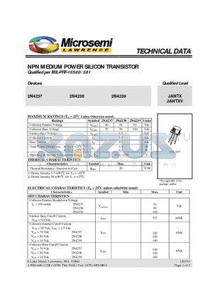 2N4239 datasheet - NPN MEDIUM POWER SILICON TRANSISTOR