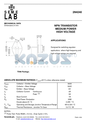 2N4240 datasheet - NPN TRANSISTOR MEDIUM POWER HIGH VOLTAGE