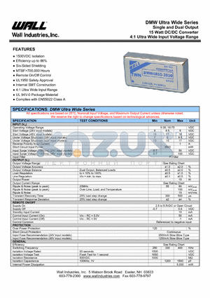 DMW24D15-500 datasheet - Single and Dual Output 15 Watt DC/DC Converter 4:1 Ultra Wide Input Voltage Range