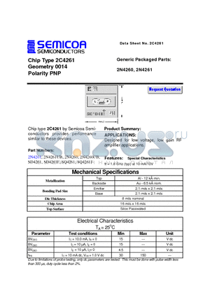 2N4260 datasheet - Chip Type 2C4261 Geometry 0014 Polarity PNP