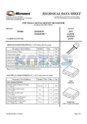 2N4261 datasheet - PNP SMALL SIGNAL SILICON TRANSISTOR