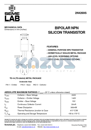2N4269S datasheet - BIPOLAR NPN SILICON TRANSISTOR
