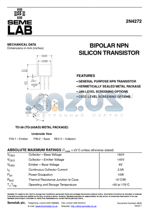 2N4272 datasheet - BIPOLAR NPN SILICON TRANSISTOR