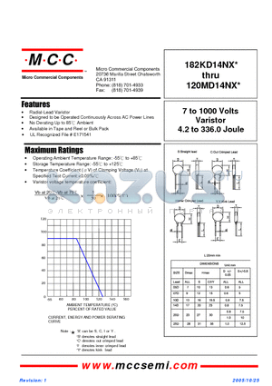 120MD14NX datasheet - 7 to 1000 Volts Varistor 4.2 to 336.0 Joule