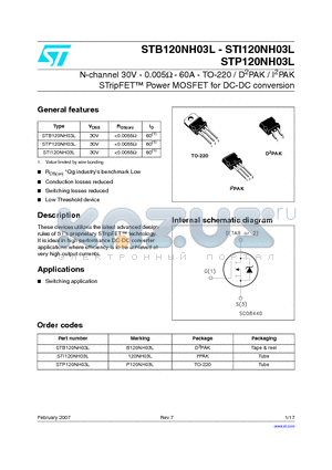 120NH03L datasheet - N-channel 30V - 0.005ohm - 60A - TO-220 / D2PAK / I2PAK STripFET Power MOSFET for DC-DC conversion