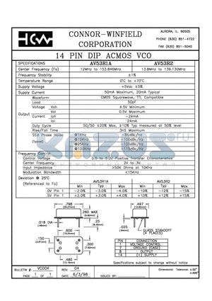 AV53R1A datasheet - 14 PIN DIP ACMOS VCO