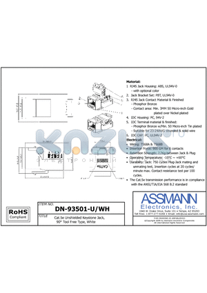 DN-93501-U/WH datasheet - CAT.5E UNSHIELDED KEYSTONE JACK, 90  TOOL FREE TYPE, WHITE