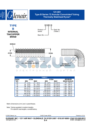 121-001-09 datasheet - 72 Annular Convoluted Tubing Thermally Stabilized Kynar