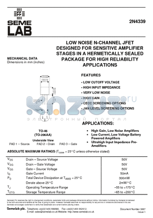 2N4339 datasheet - LOW NOISE N-CHANNEL JFET