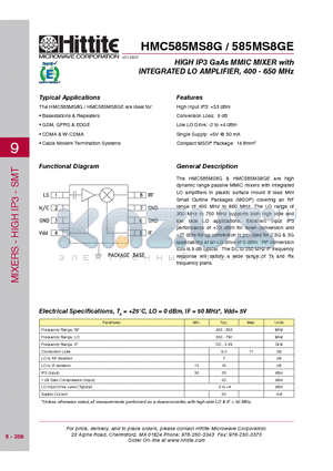 585MS8GE datasheet - HIGH IP3 GaAs MMIC MIXER with INTEGRATED LO AMPLIFIER, 400 - 650 MHz