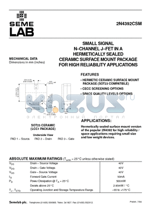 2N4392CSM datasheet - SMALL SIGNAL N.CHANNEL J.FET IN A HERMETICALLY SEALED CERAMIC SURFACE MOUNT PACKAGE FOR HIGH RELIABILITY APPLICATIONS