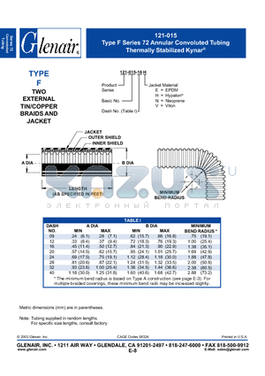 121-015-20H datasheet - 72 Annular Convoluted Tubing Thermally Stabilized Kynar