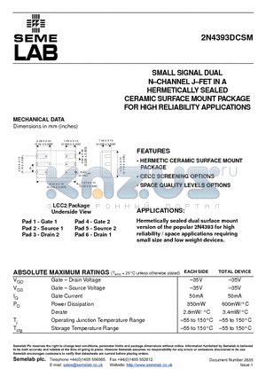 2N4393DCSM datasheet - SMALL SIGNAL DUAL N-CHANNEL J-FET IN A HERMETICALLY SEALED CERAMIC SURFACE MOUNT PACKAGE FOR HIGH RELIABILITY APPLICATIONS