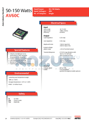 AV60C-048L-033F20 datasheet - Industry standard pin-out & performance 100`C baseplate temperature (no derating)