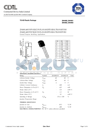 2N4400 datasheet - NPN PNP SILICON PLANAR EPITAXIAL TRANSISTORS