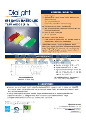 586-220A-204F datasheet - 586 Series BASED LED T3 1/4 WEDGE (T10)