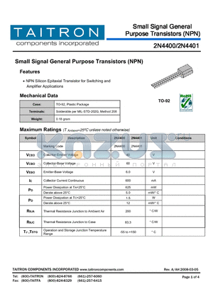 2N4400 datasheet - Small Signal General Purpose Transistors (NPN)