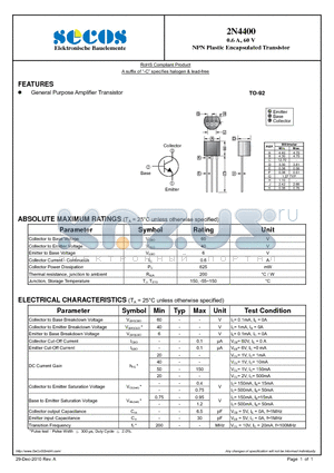 2N4400 datasheet - NPN Plastic Encapsulated Transistor