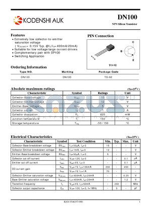 DN100 datasheet - Extremely low collector-to-emitter saturation voltage