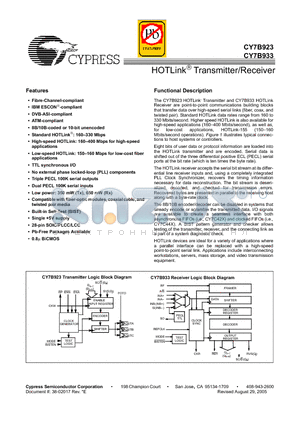 CY7B923-400JC datasheet - HOTLink Transmitter/Receiver