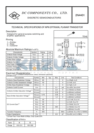 2N4401 datasheet - TECHNICAL SPECIFICATIONS OF NPN EPITAXIAL PLANAR TRANSISTOR