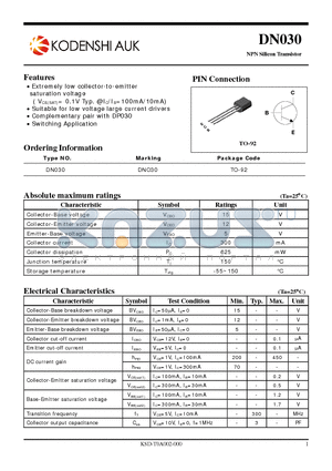 DN030 datasheet - Extremely low collector-to-emitter saturation voltage