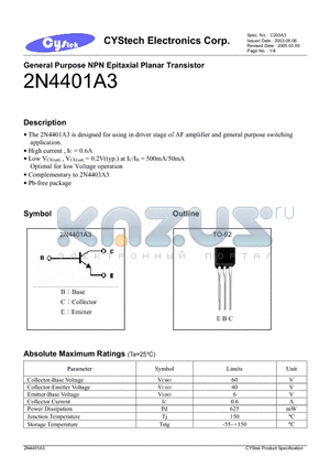 2N4401A3 datasheet - General Purpose NPN Epitaxial Planar Transistor