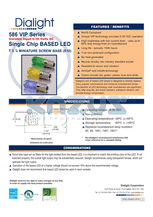 586-2703-220F datasheet - Single Chip BASED LED T 3 1/4 MINIATURE SCREW BASE (E10)