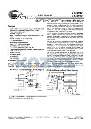 CY7B9334 datasheet - SMPTE HOTLink Transmitter/Receiver