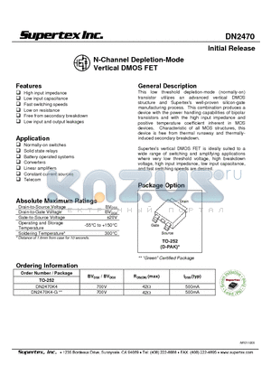 DN2470 datasheet - N-CHANNEL DEPLETION - MODE VERTICAL DMOS FET