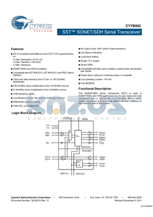 CY7B952_11 datasheet - SST SONET/SDH Serial Transceiver