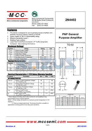 2N4402 datasheet - PNP General Purpose Amplifier