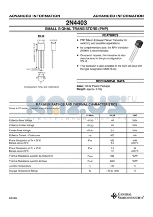 2N4403 datasheet - SMALL SIGNAL TRANSISTORS (PNP)