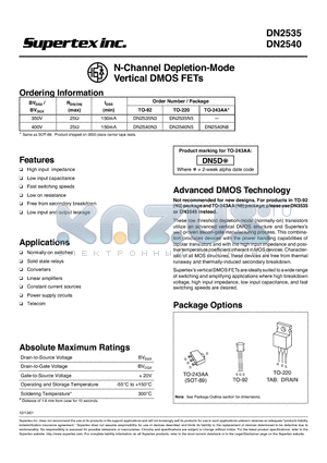 DN2535 datasheet - N-Channel Depletion-Mode Vertical DMOS FETs