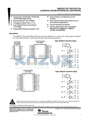 75LBC172A datasheet - QUADRUPLE RS-485 DIFFERENTIAL LINE DRIVERS